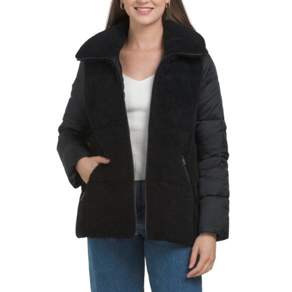 TAHARI Black Bobbie Mixed Media Puffer Coat - Picture 1 of 2